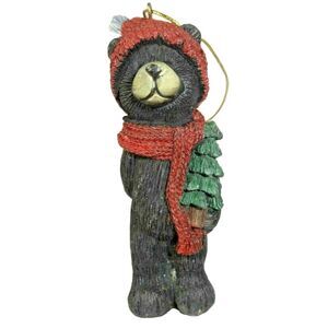 Black Bear w/ Christmas Tree Stoneware Ornament Red Hat Red Scarf Holiday Gift